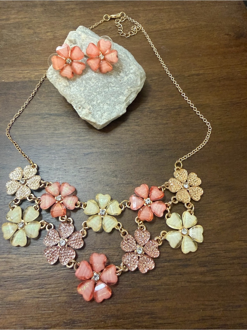 Floral Statement Necklace and Earring Set - Coral, Peach & Cream